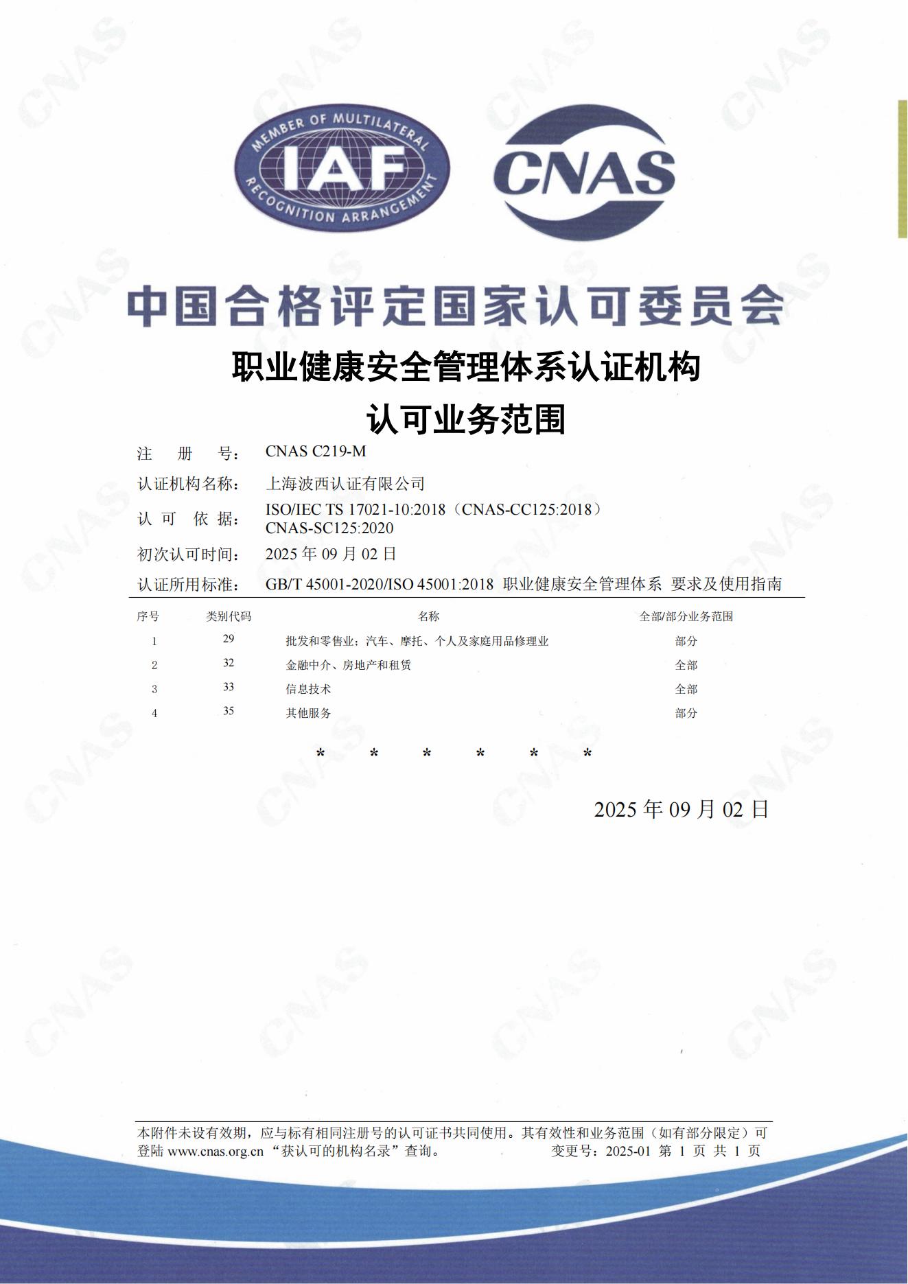 CNAS职业健康安全管理体系认证机构认可业务范围